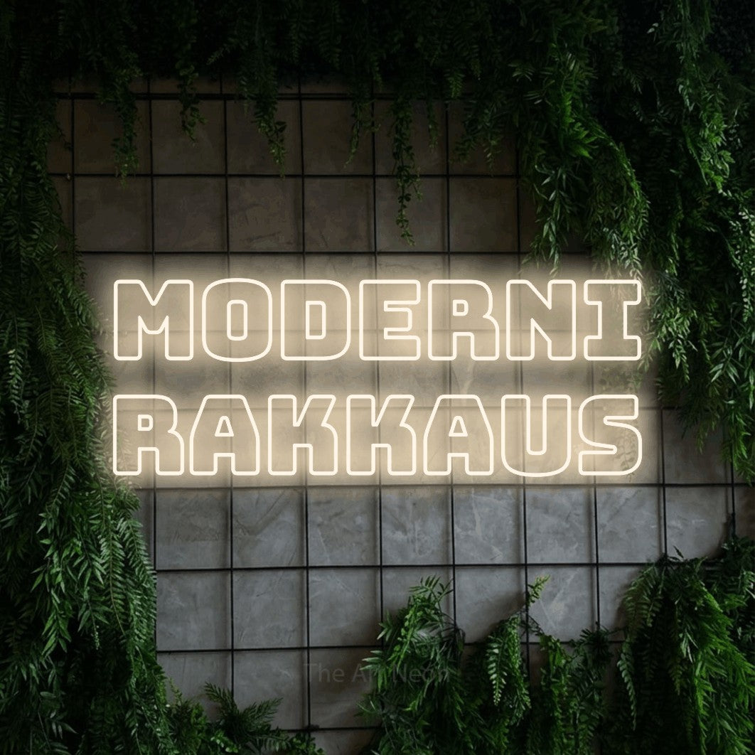 LED neon sign reading “Moderni rakkaus”, arranged in 2 lines.