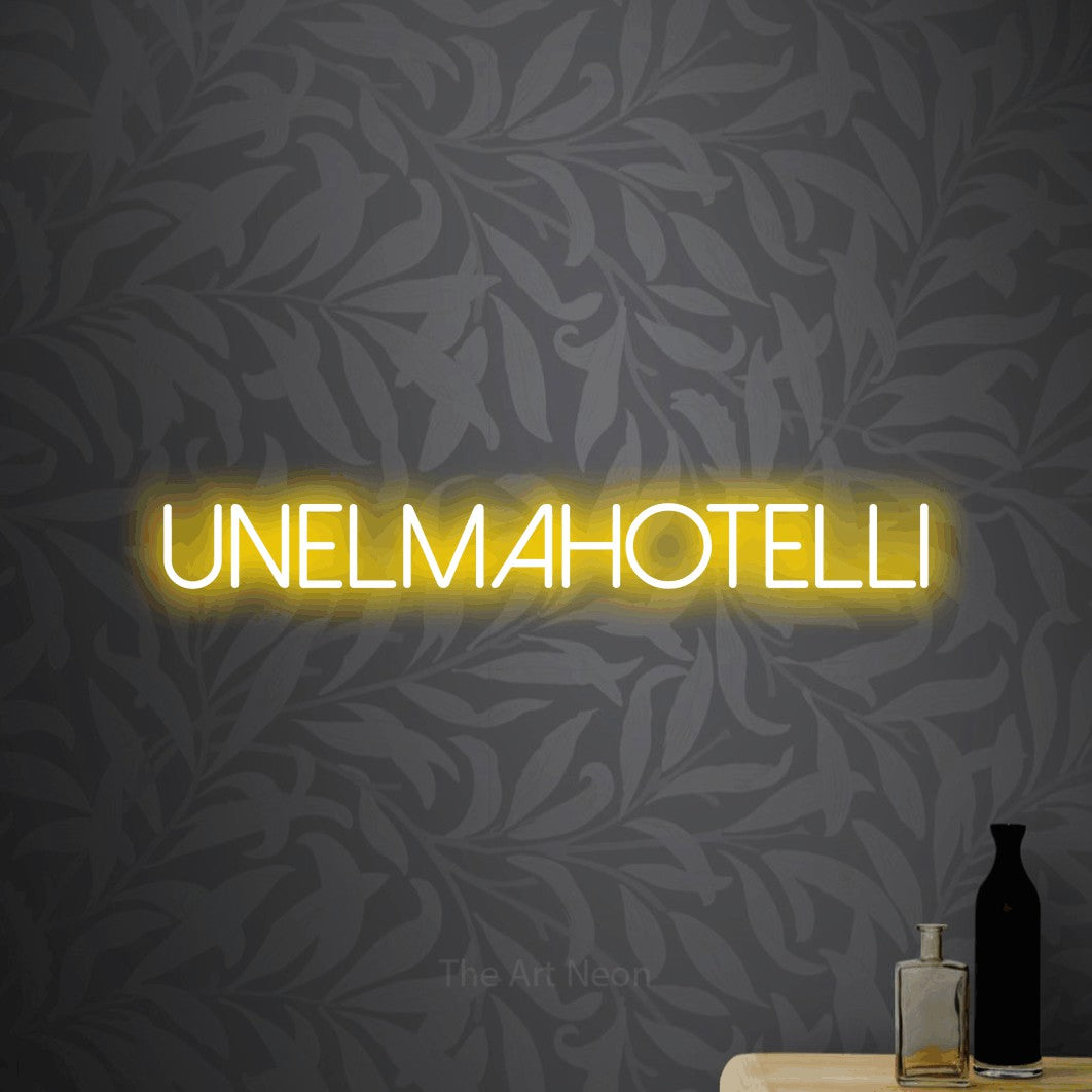LED neon sign reading “Unelmahotelli”, arranged in a single line.
