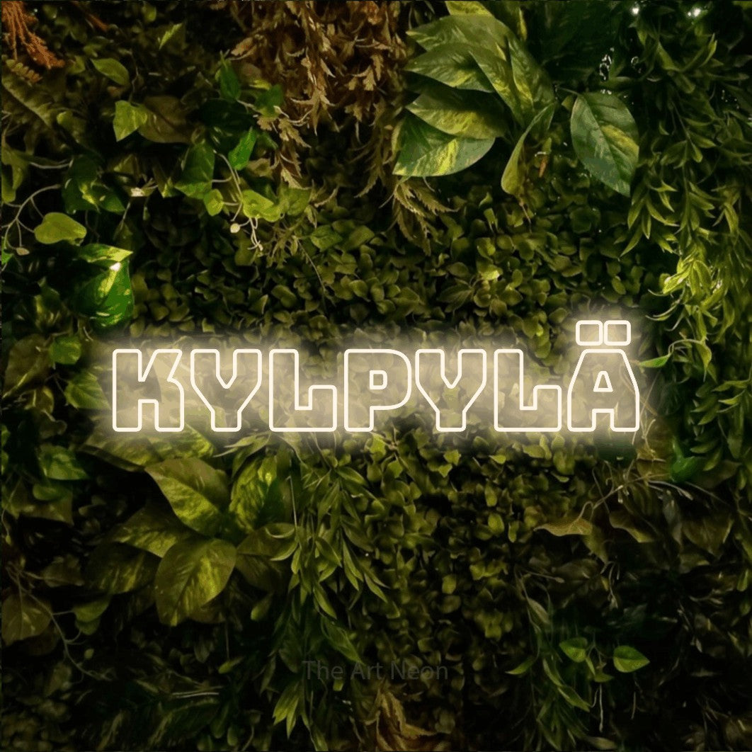 LED neon sign reading “Kylpylä”, arranged in a single line.