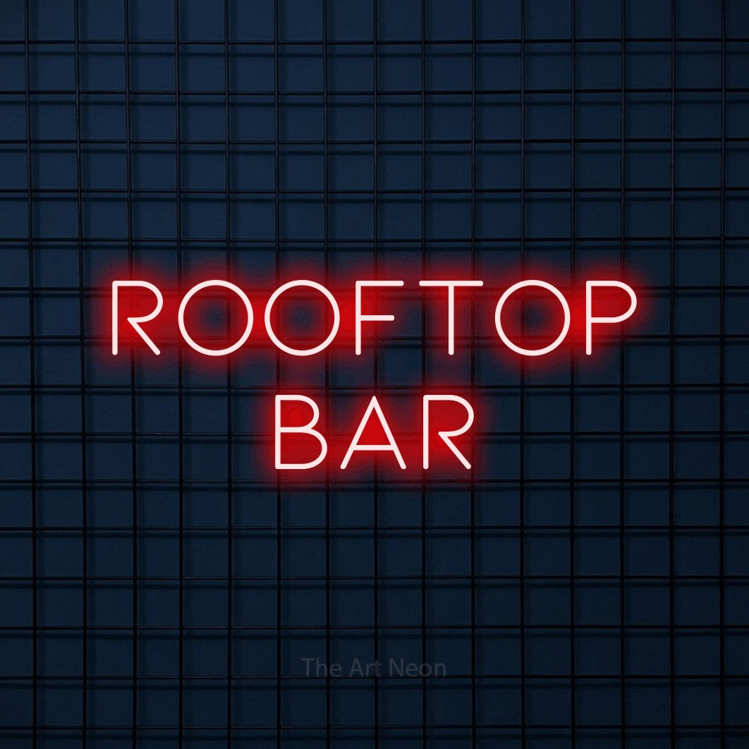 LED neon sign reading “rooftop bar”, arranged in 2 lines.