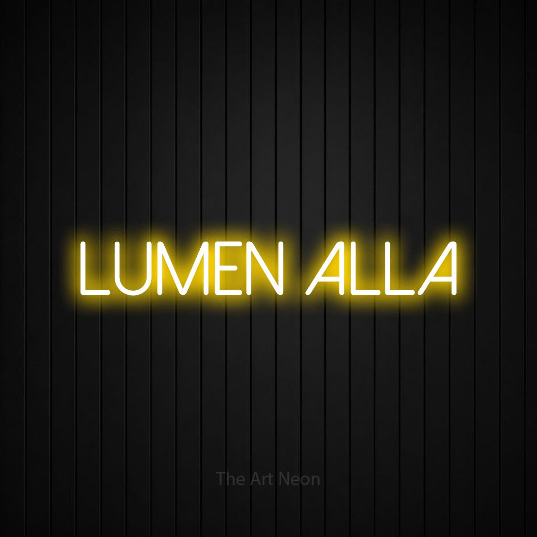 LED neon sign reading “Lumen alla”, arranged in a single line.