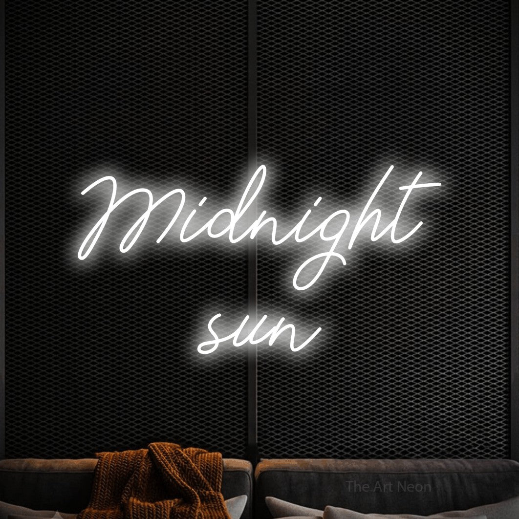 LED neon sign reading “Midnight sun”, arranged in 2 lines.