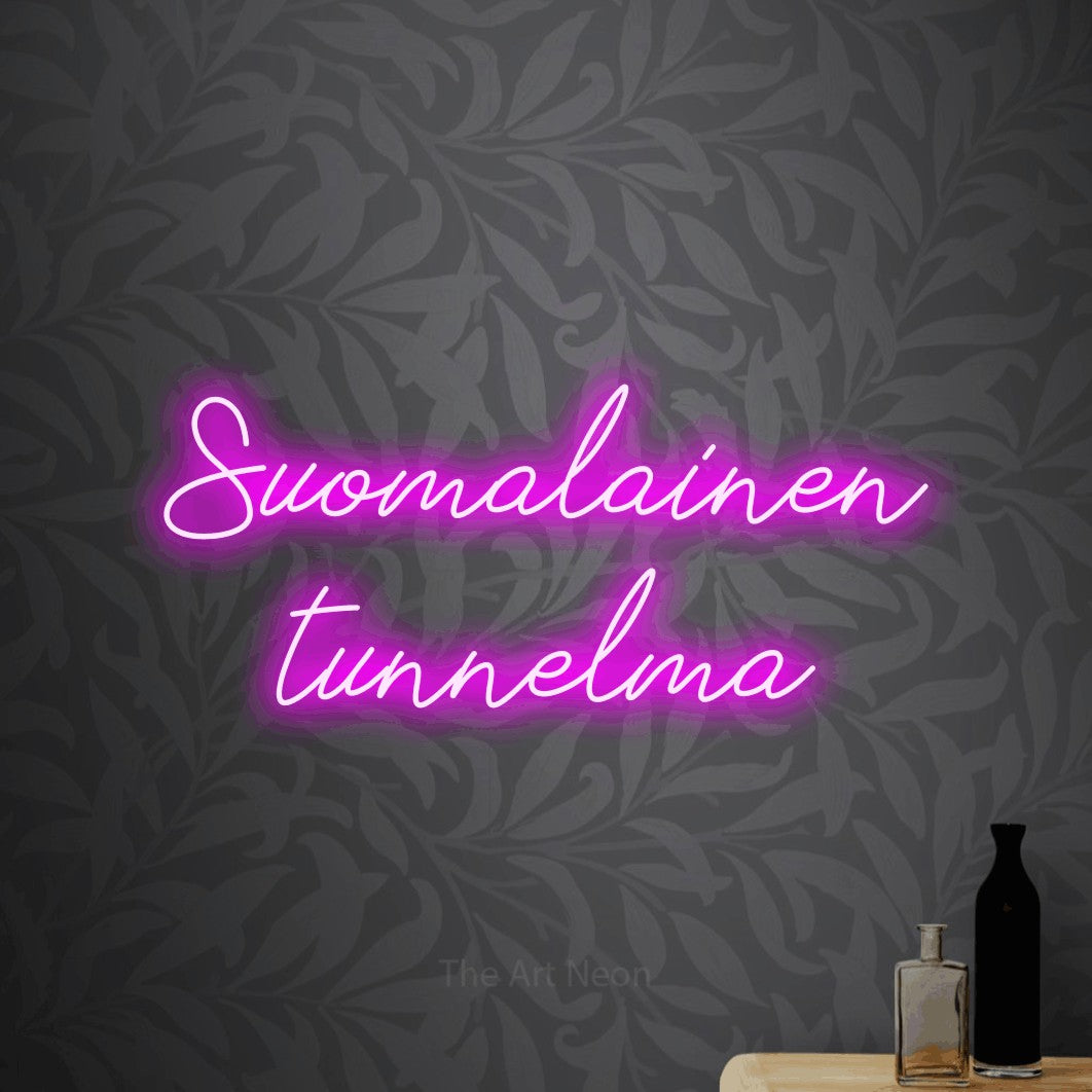 LED neon sign reading “Suomalainen tunnelma”, arranged in 2 lines.