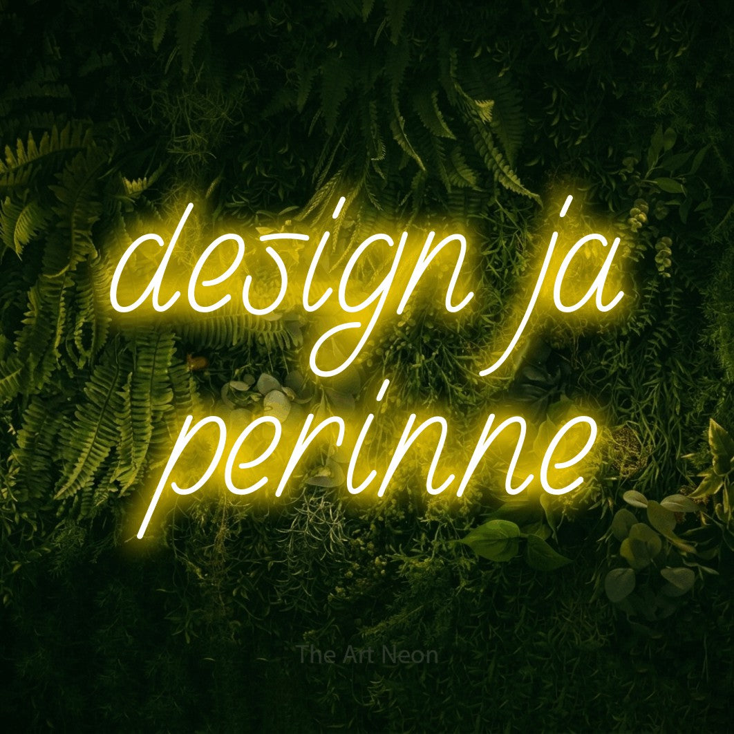 LED neon sign reading “design ja perinne”, arranged in 2 lines.