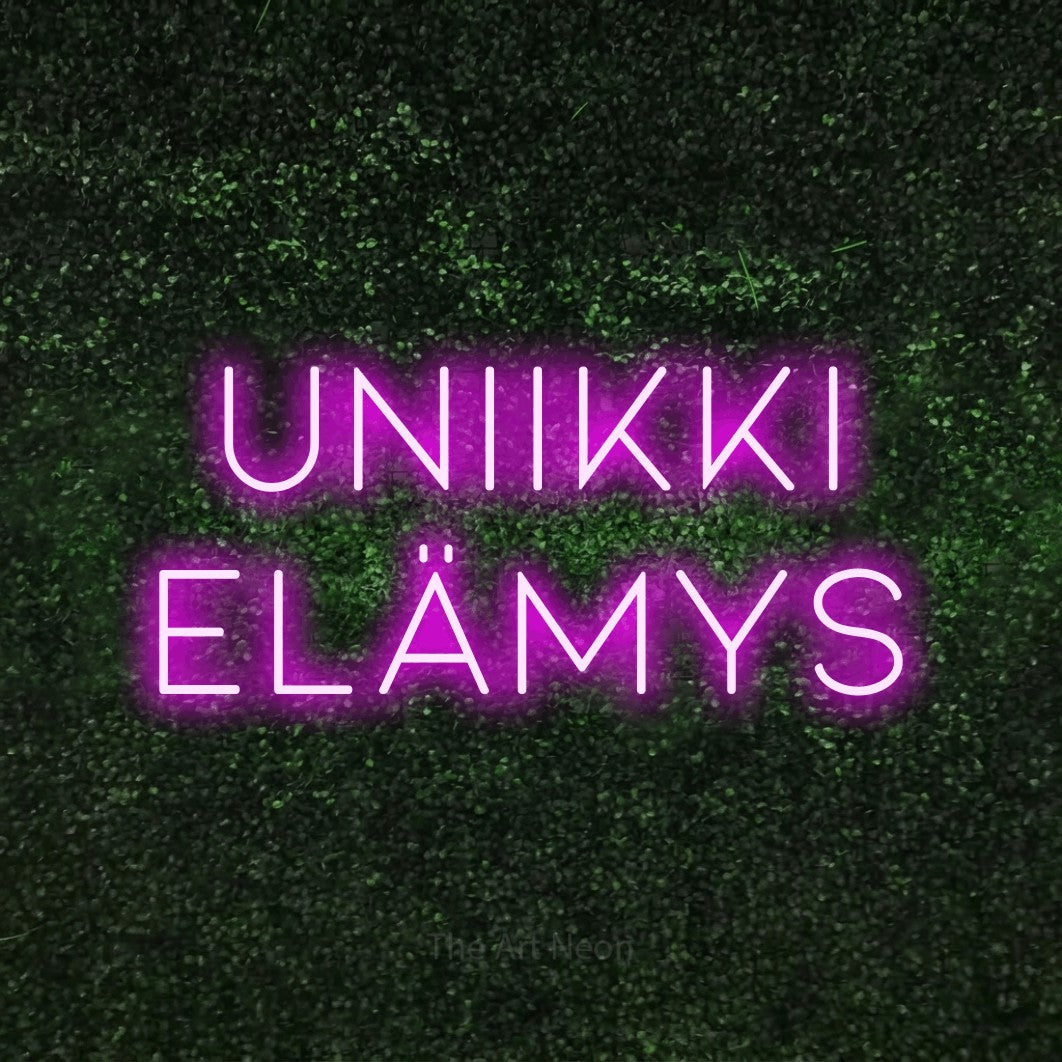 LED neon sign reading “UNIIKKI ELÄMYS”, arranged in 2 lines.