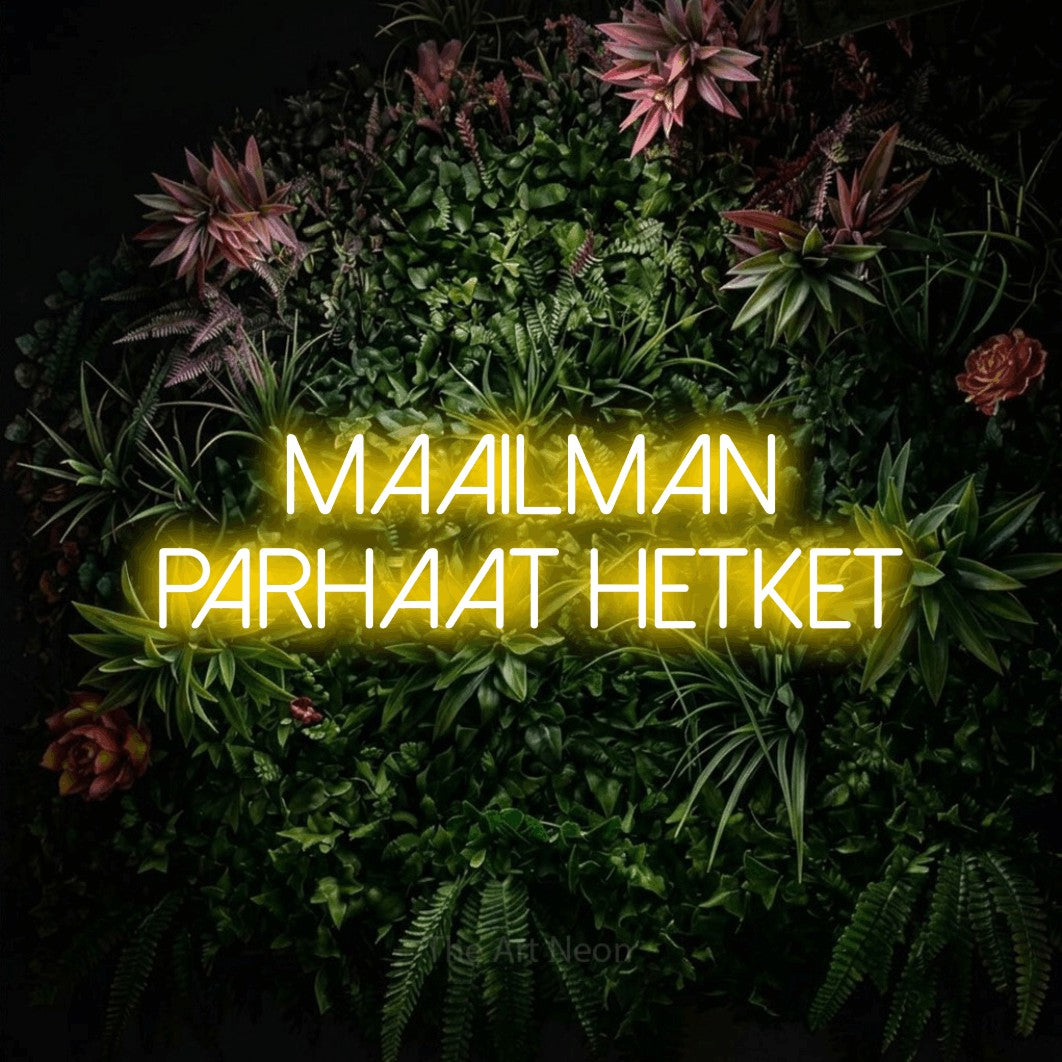 LED neon sign reading “maailman parhaat hetket”, arranged in 2 lines.