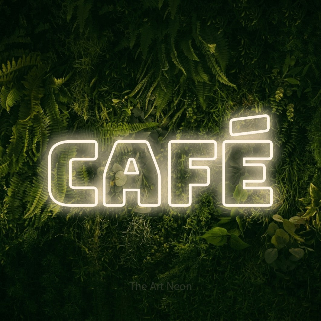 LED neon sign reading “Café”, arranged in a single line.