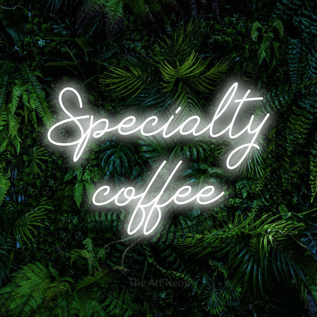 LED neon sign reading “Specialty coffee”, arranged in 2 lines.