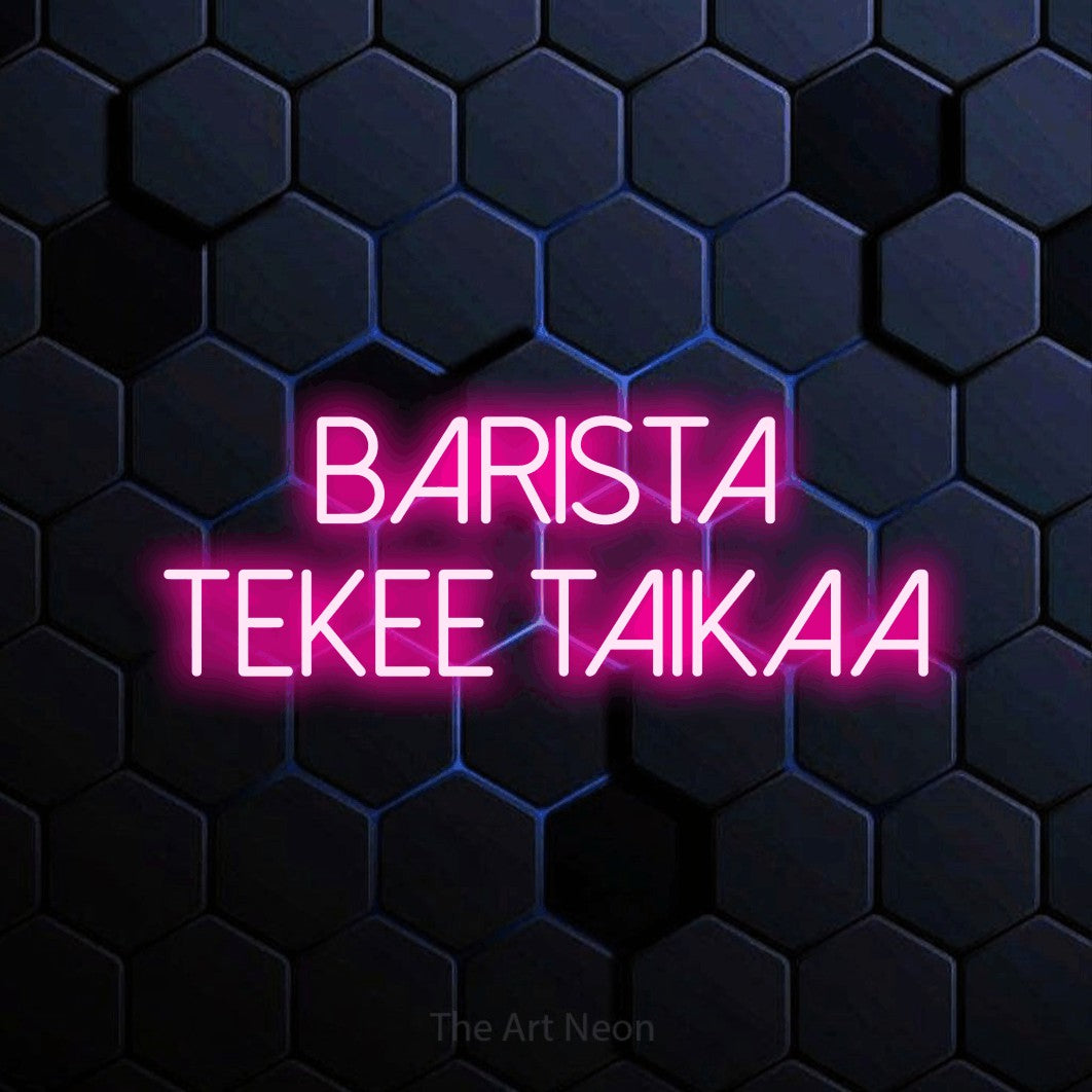 LED neon sign reading “Barista tekee taikaa”, arranged in 2 lines.