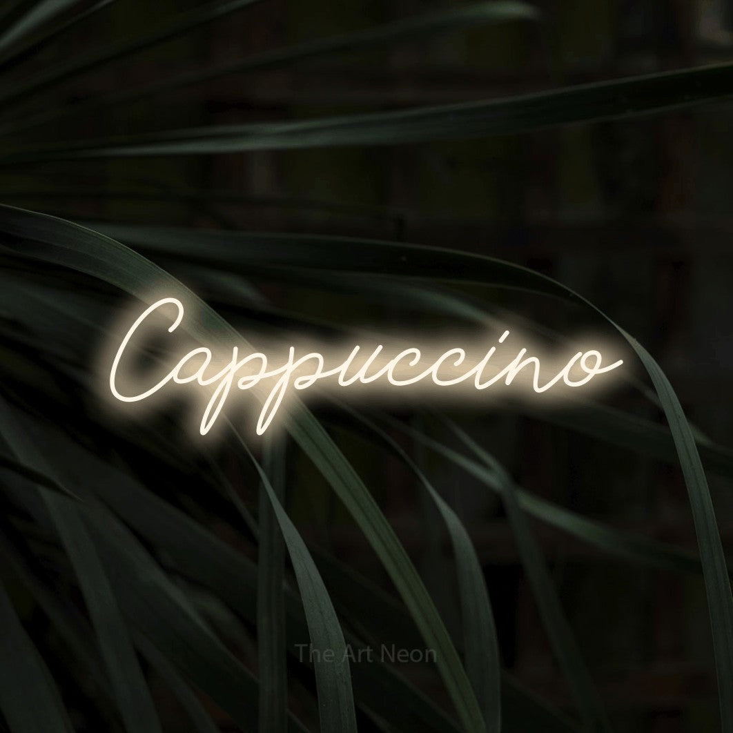 LED neon sign reading “Cappuccino”, arranged in a single line.