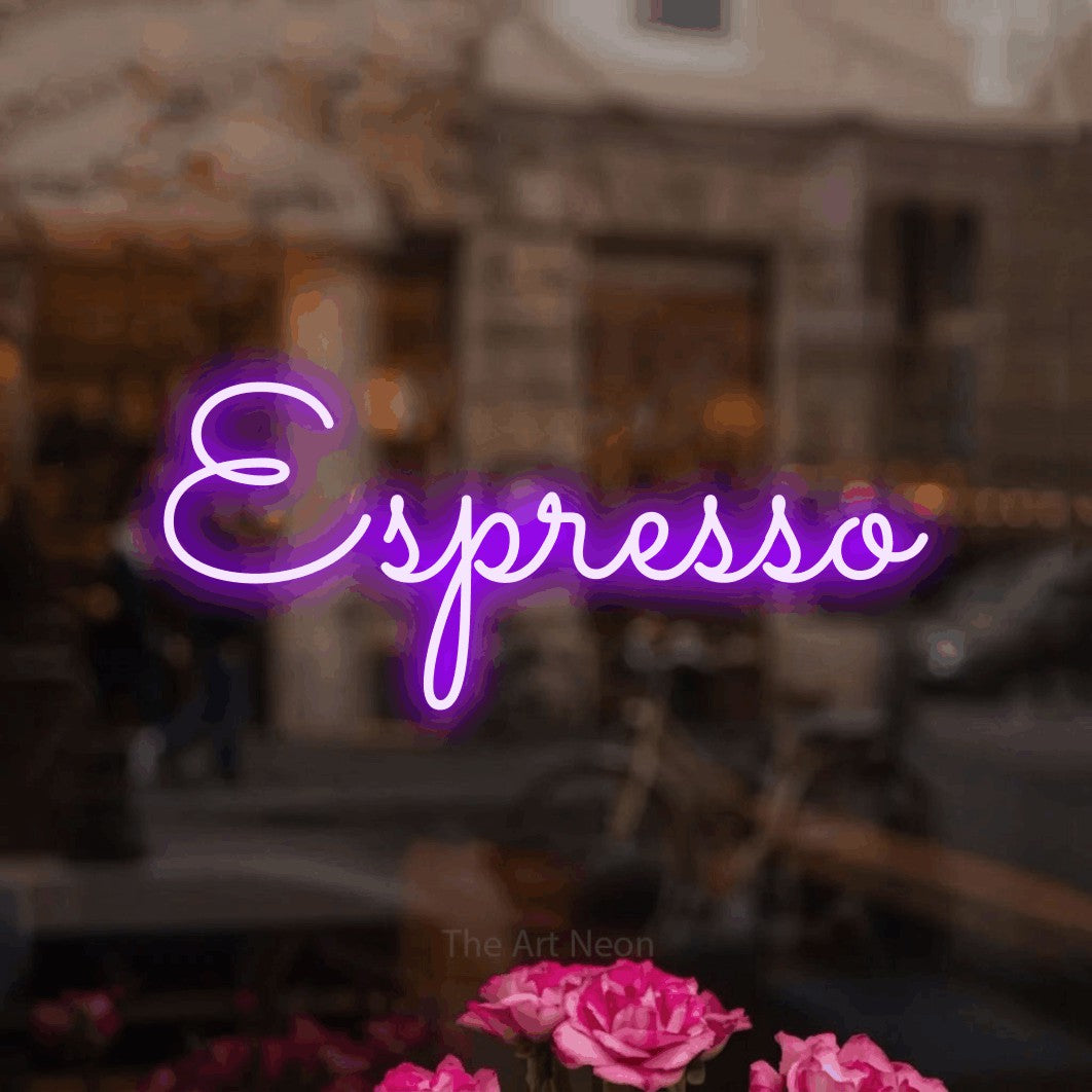LED neon sign reading “Espresso”, arranged in a single line.