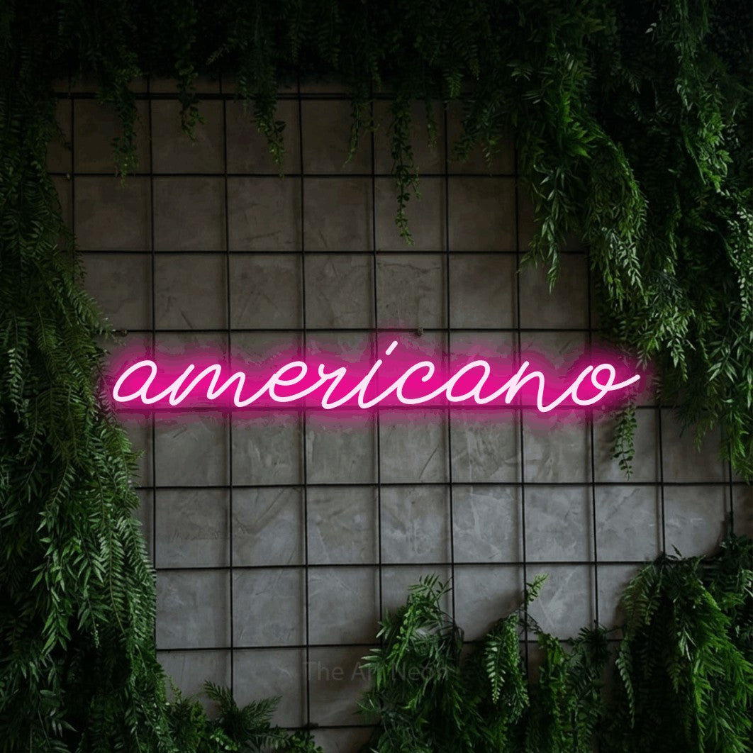 LED neon sign reading “americano”, arranged in a single line.