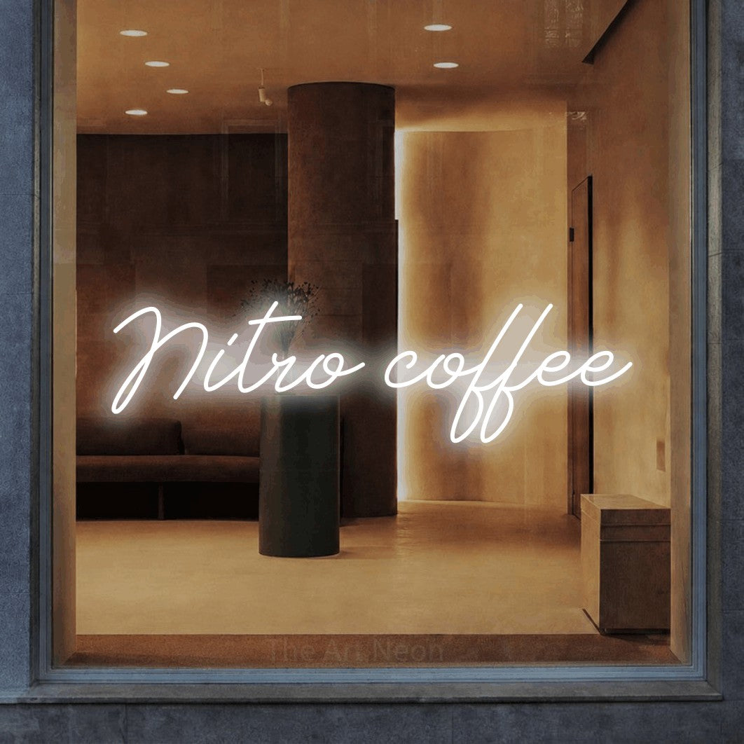 LED neon sign reading “Nitro coffee”, arranged in a single line.