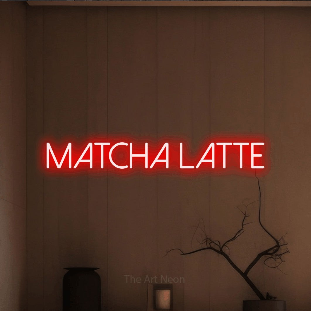 LED neon sign reading “Matcha latte”, arranged in a single line.