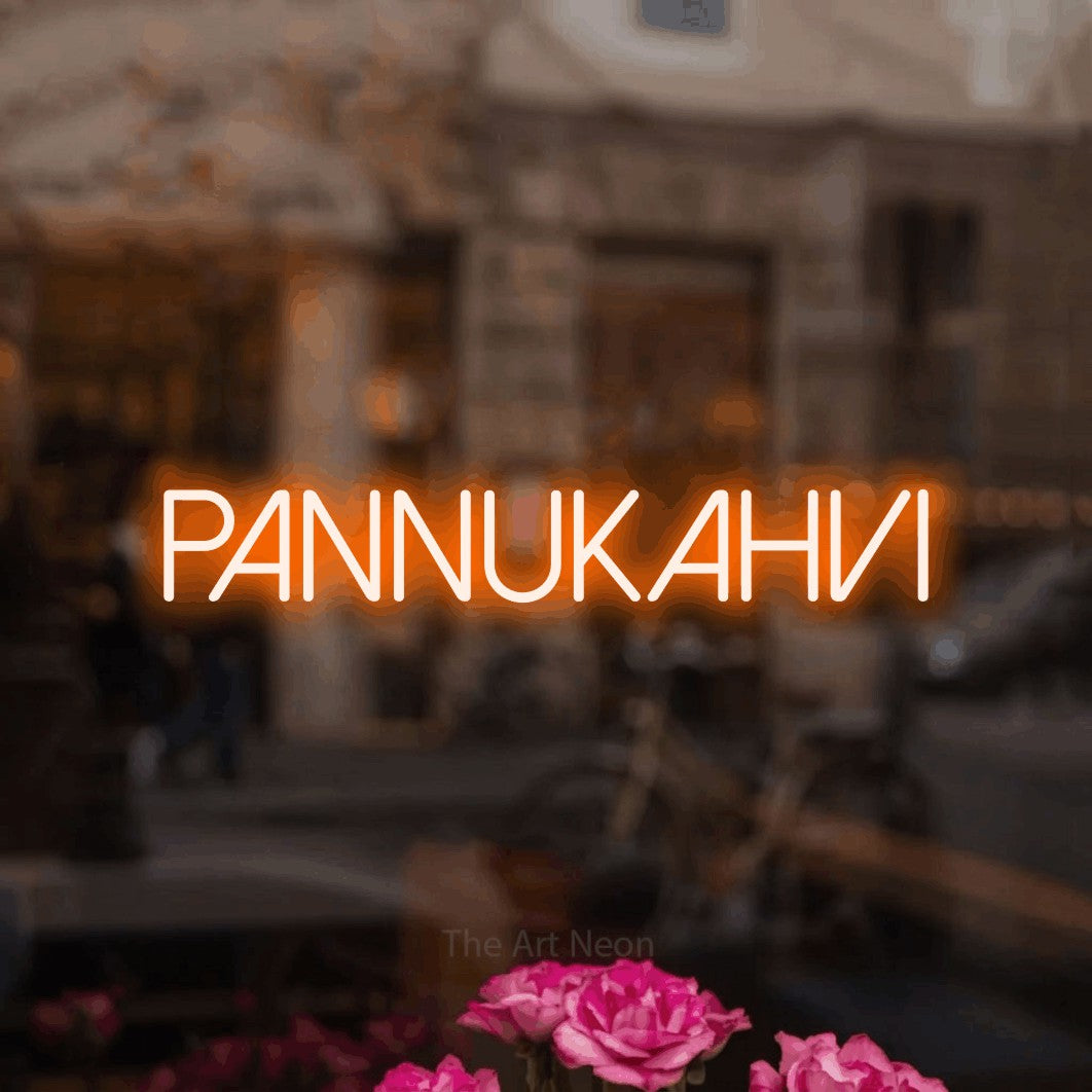 LED neon sign reading “Pannukahvi”, arranged in a single line.