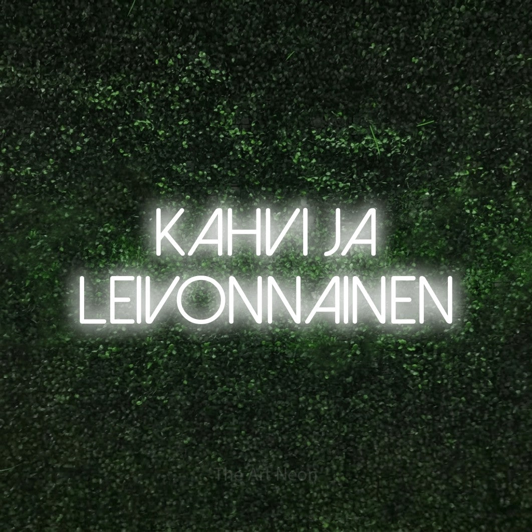 LED neon sign reading “KAHVI JA LEIVONNAINEN”, arranged in 2 lines.