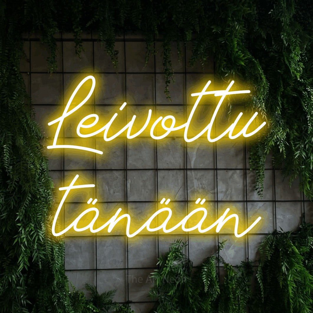 LED neon sign reading “Leivottu tänään”, arranged in 2 lines.