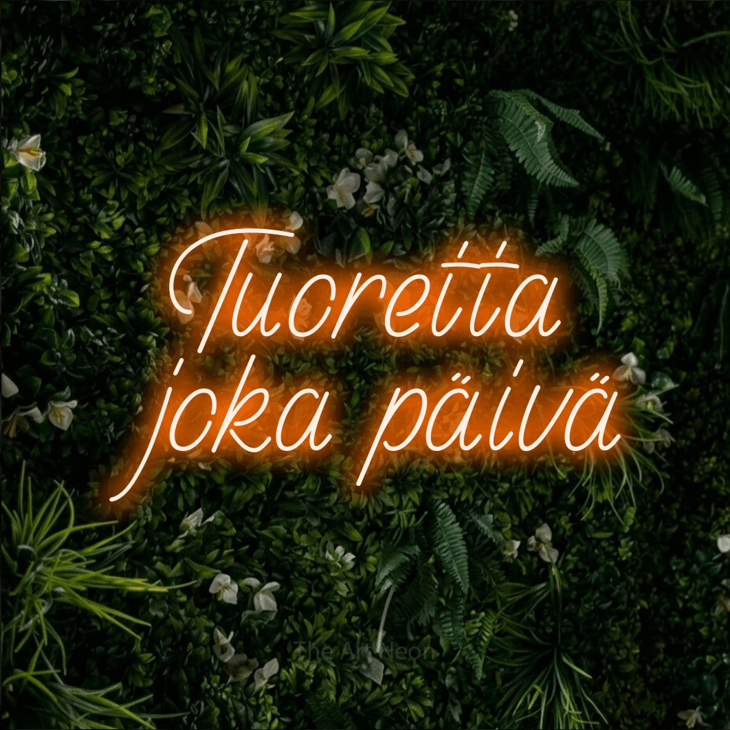 LED neon sign reading “Tuoretta joka päivä”, arranged in 2 lines.