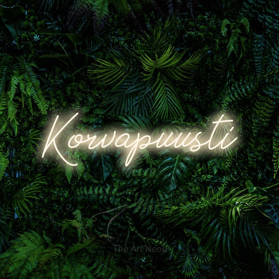 LED neon sign reading “Korvapuusti”, arranged in a single line.