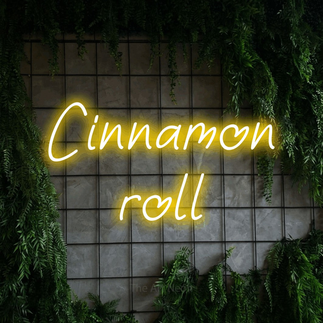 LED neon sign reading “Cinnamon roll”, arranged in 2 lines.