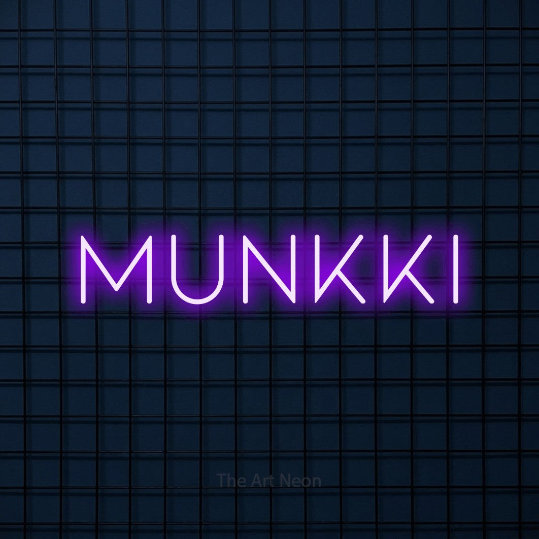 LED neon sign reading “Munkki”, arranged in a single line.