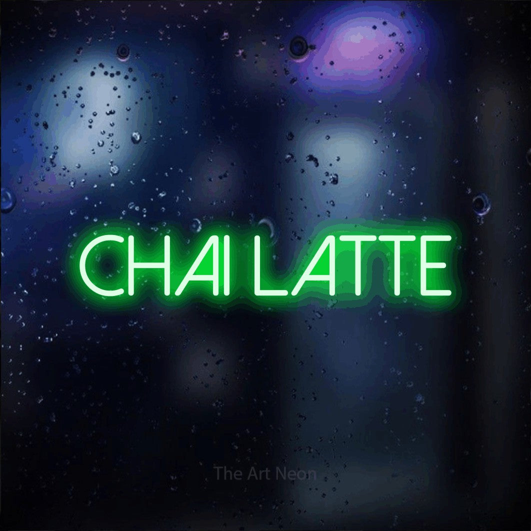 LED neon sign reading “Chai latte”, arranged in a single line.