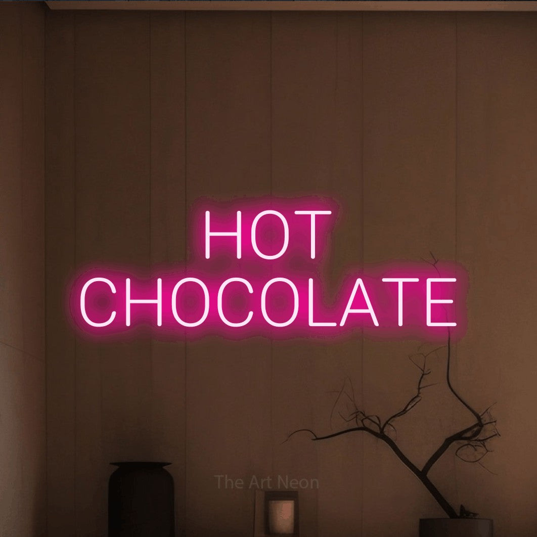 LED neon sign reading “HOT CHOCOLATE”, arranged in 2 lines.