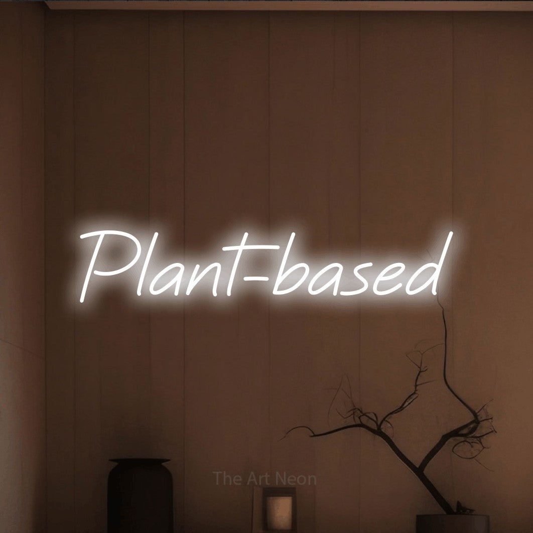 LED neon sign reading “Plant-based”, arranged in a single line.