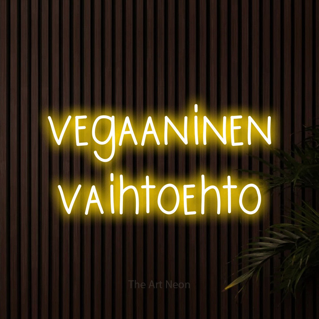 LED neon sign reading “vegaaninen vaihtoehto”, arranged in 2 lines.
