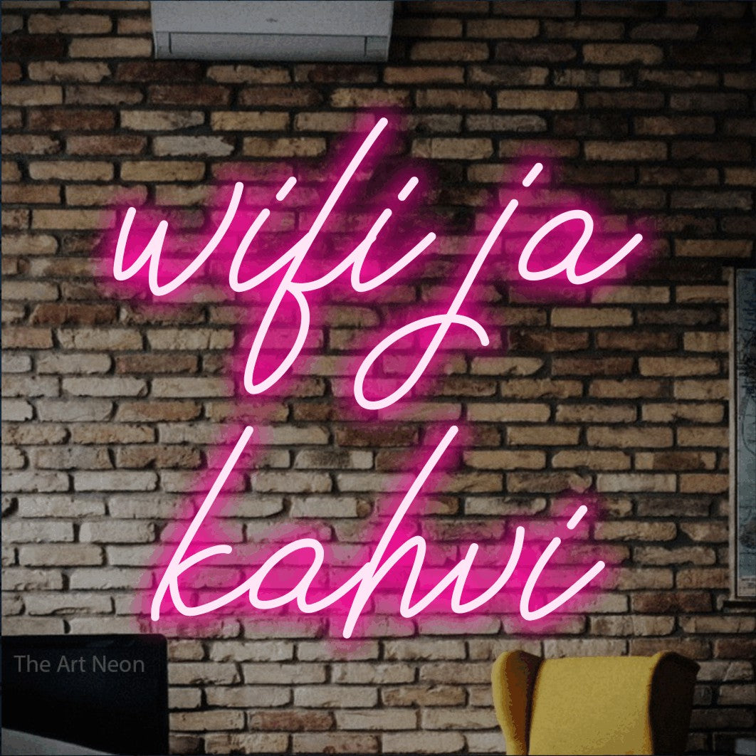 LED neon sign reading “wifi ja kahvi”, arranged in 2 lines.