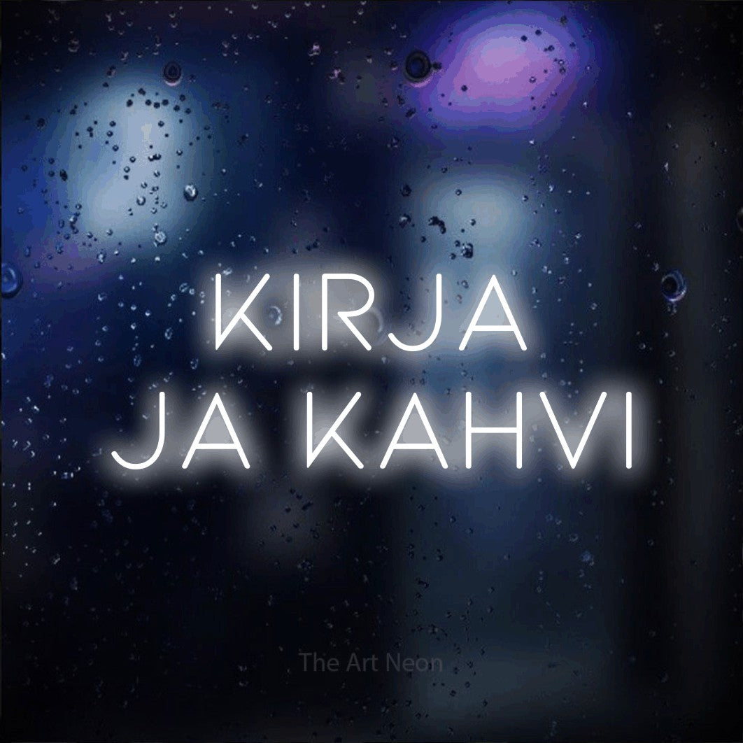 LED neon sign reading “Kirja ja kahvi”, arranged in 2 lines.