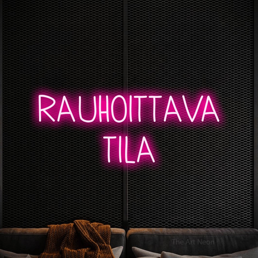 LED neon sign reading “RAUHOITTAVA TILA”, arranged in 2 lines.