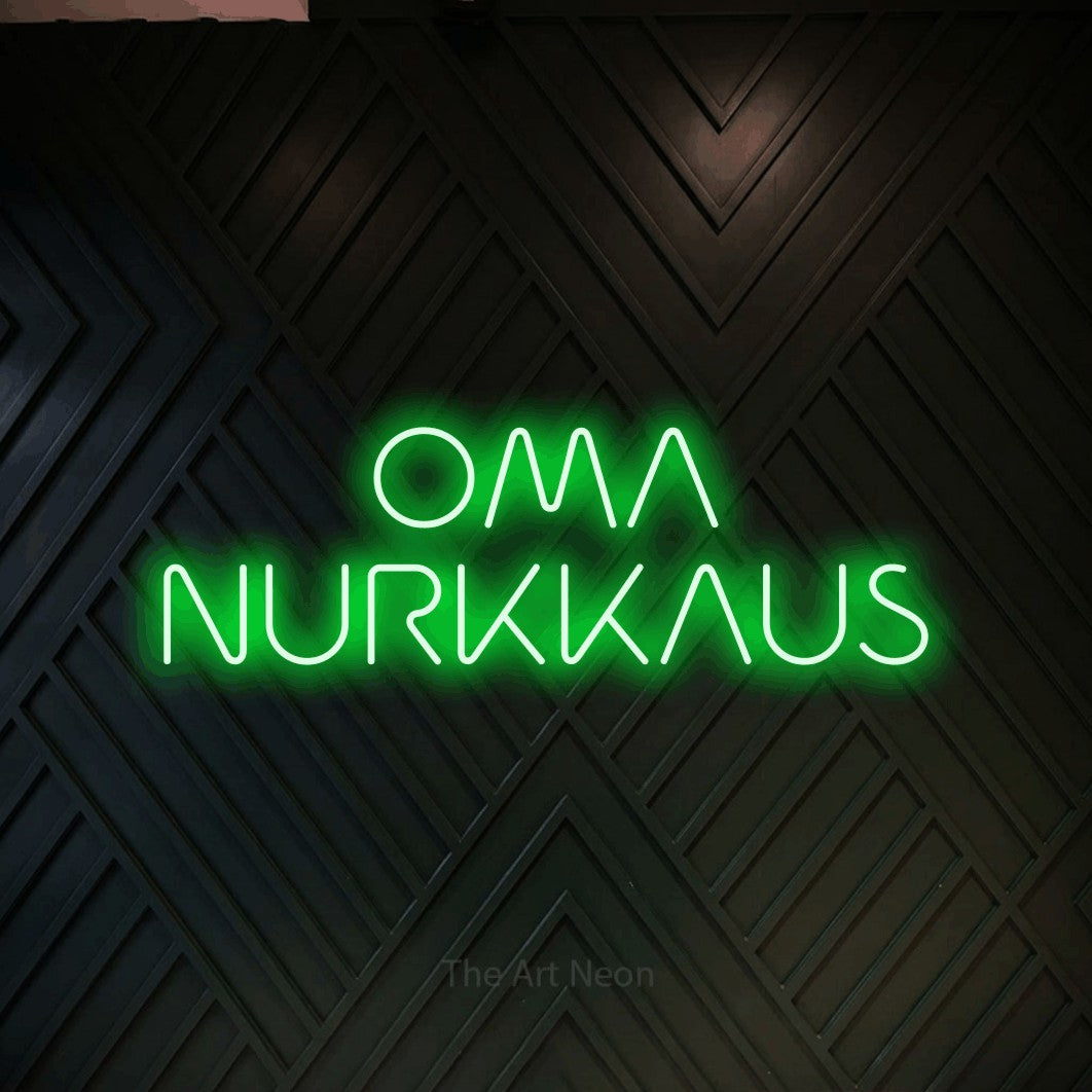 LED neon sign reading “OMA NURKKAUS”, arranged in 2 lines.