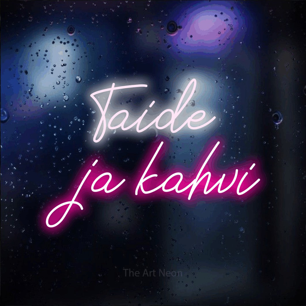 LED neon sign reading “Taide ja kahvi”, arranged in 2 lines.