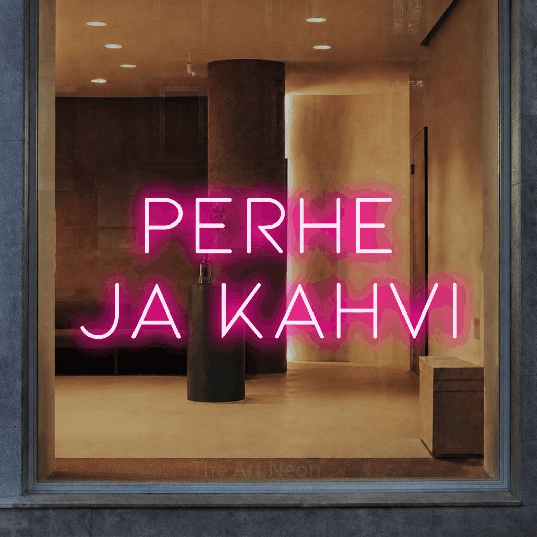 LED neon sign reading “Perhe ja kahvi”, arranged in 2 lines.