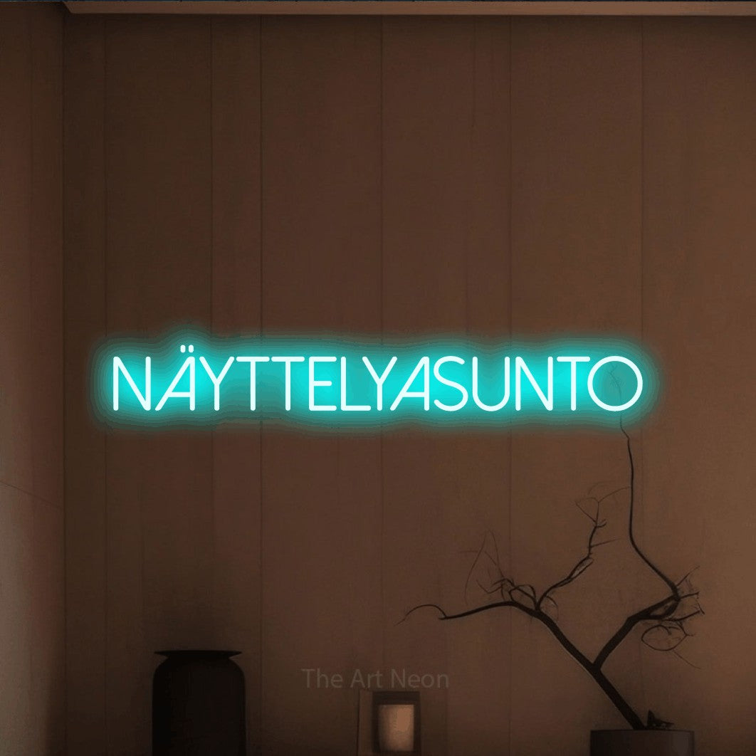 LED neon sign reading “Näyttelyasunto”, arranged in a single line.