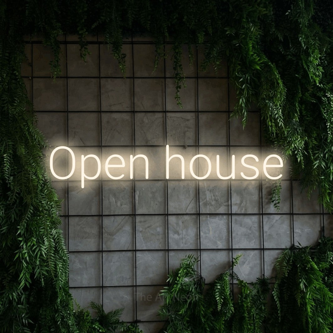 LED neon sign reading “Open house”, arranged in a single line.