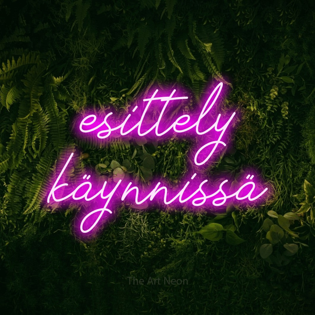 LED neon sign reading “esittely käynnissä”, arranged in 2 lines.
