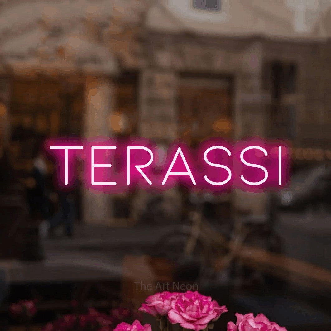 LED neon sign reading “Terassi”, arranged in a single line.