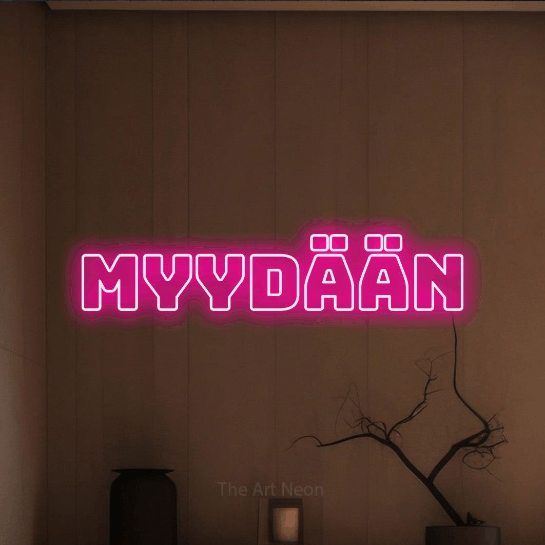 LED neon sign reading “Myydään”, arranged in a single line.