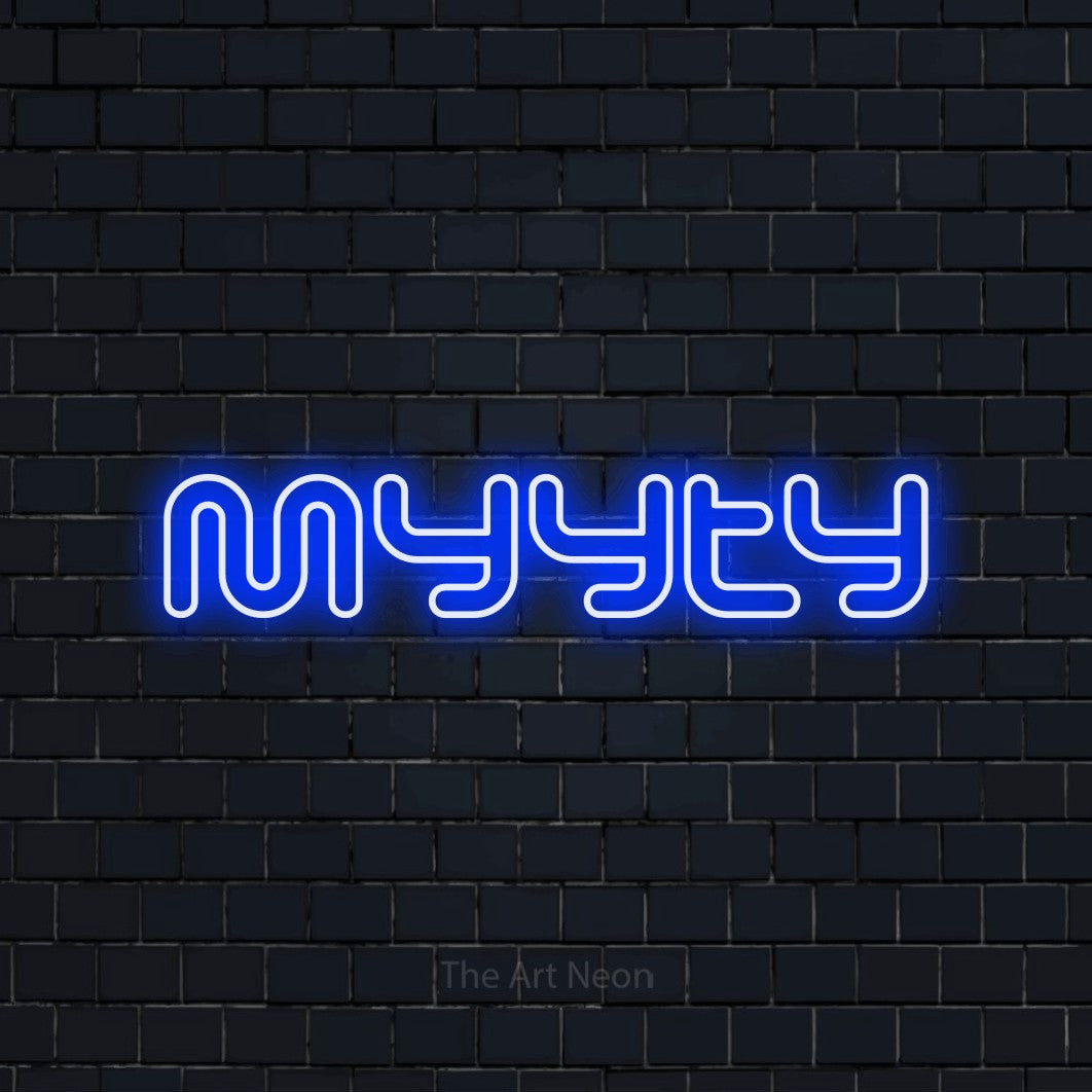 LED neon sign reading “Myyty”, arranged in a single line.