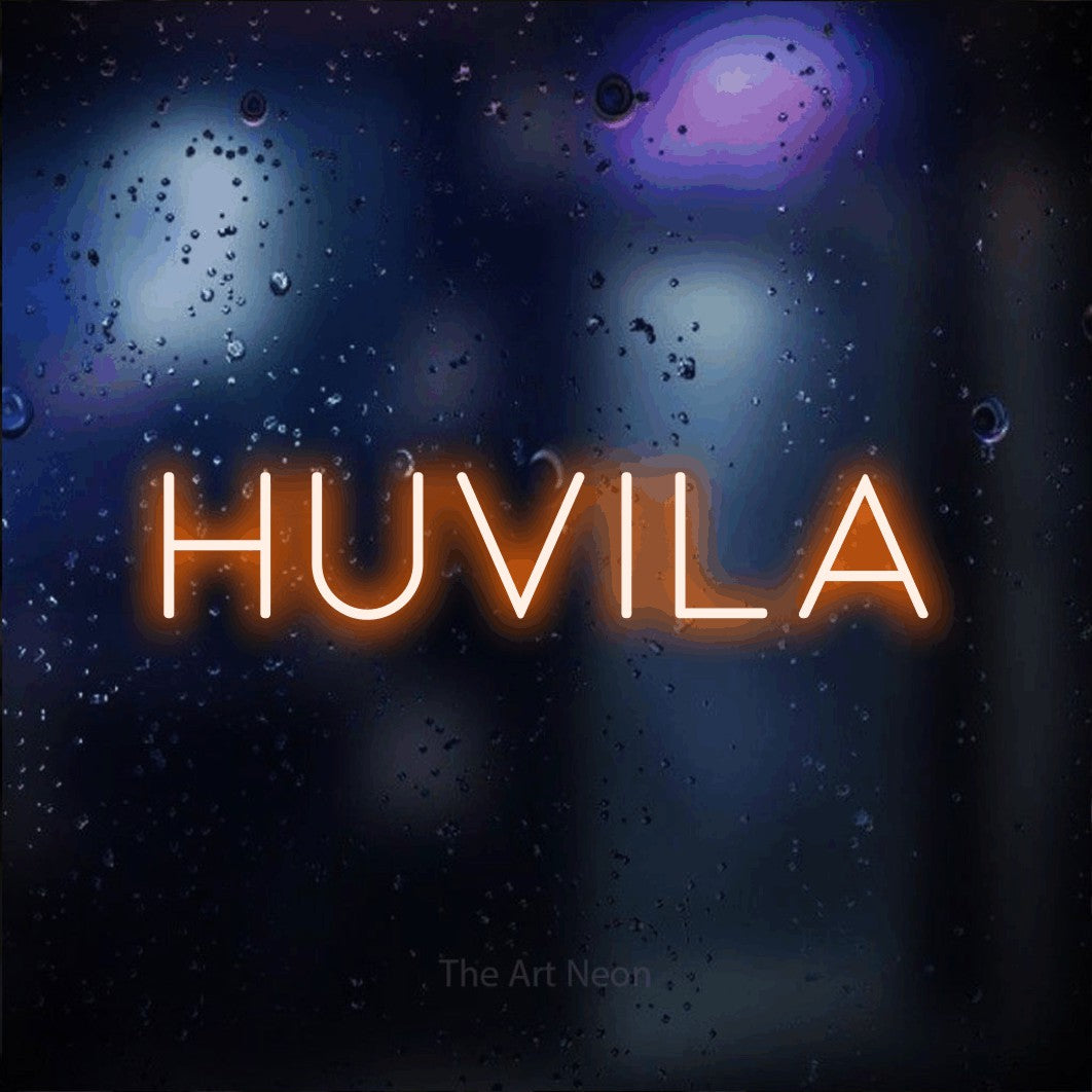 LED neon sign reading “Huvila”, arranged in a single line.