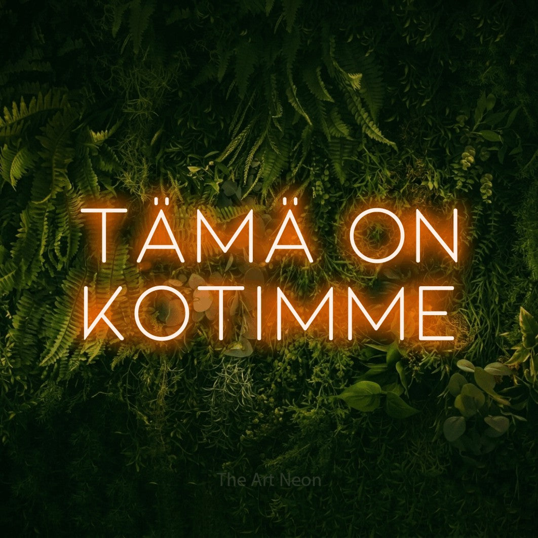 LED neon sign reading “Tämä on kotimme”, arranged in 2 lines.