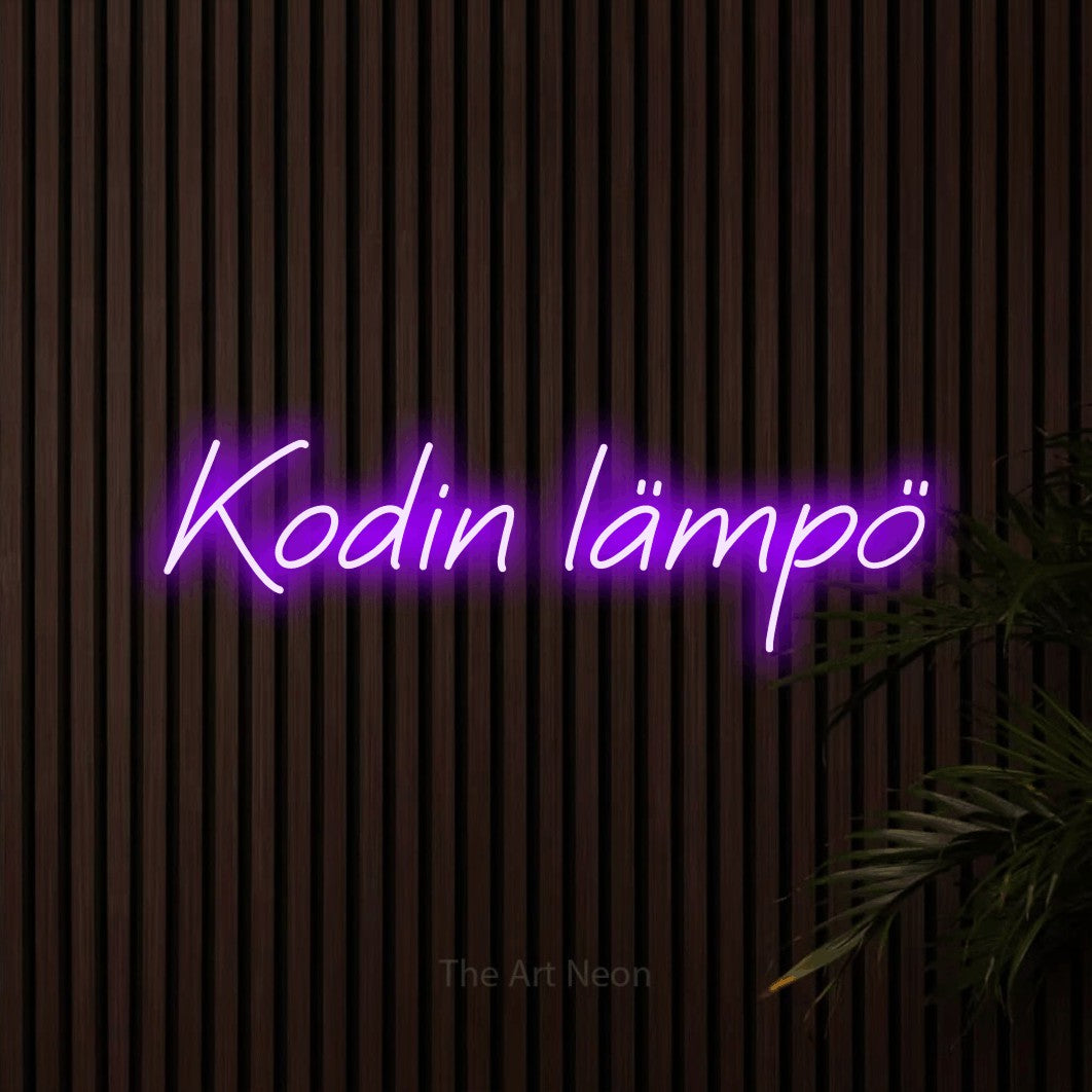 LED neon sign reading “Kodin lämpö”, arranged in a single line.