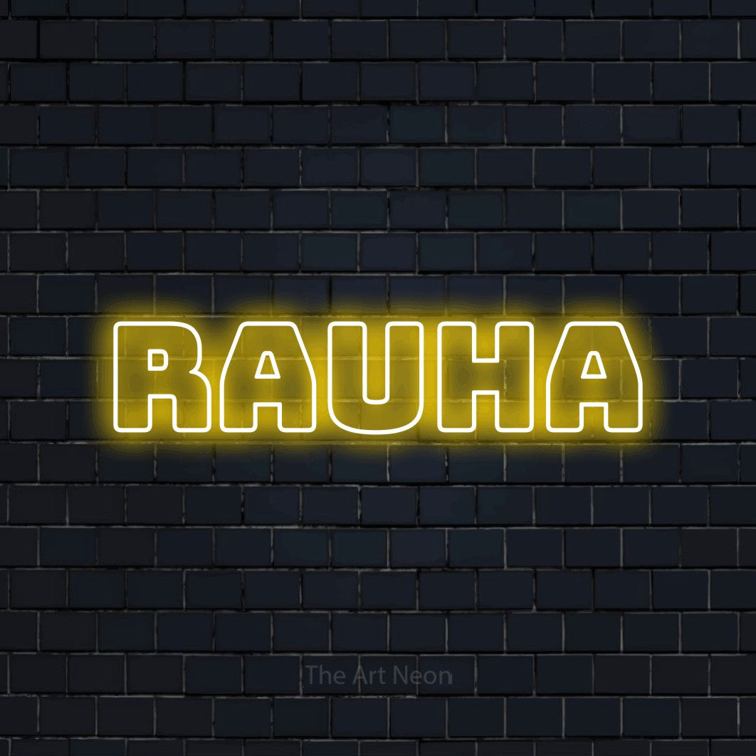 LED neon sign reading “Rauha”, arranged in a single line.