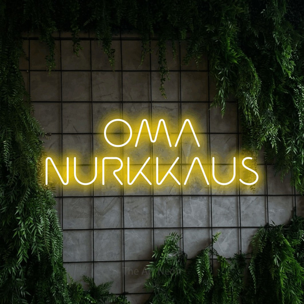 LED neon sign reading “OMA NURKKAUS”, arranged in 2 lines.