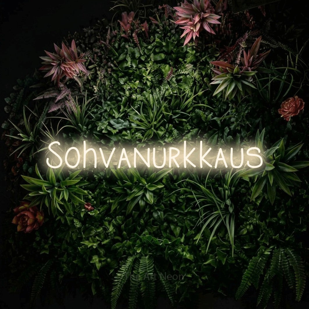LED neon sign reading “Sohvanurkkaus”, arranged in a single line.