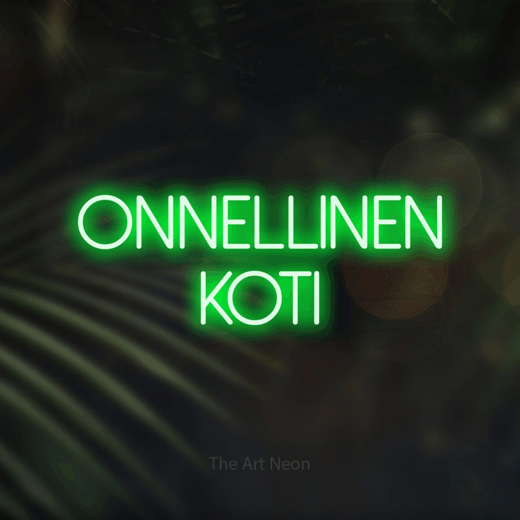 LED neon sign reading “ONNELLINEN koti”, arranged in 2 lines.