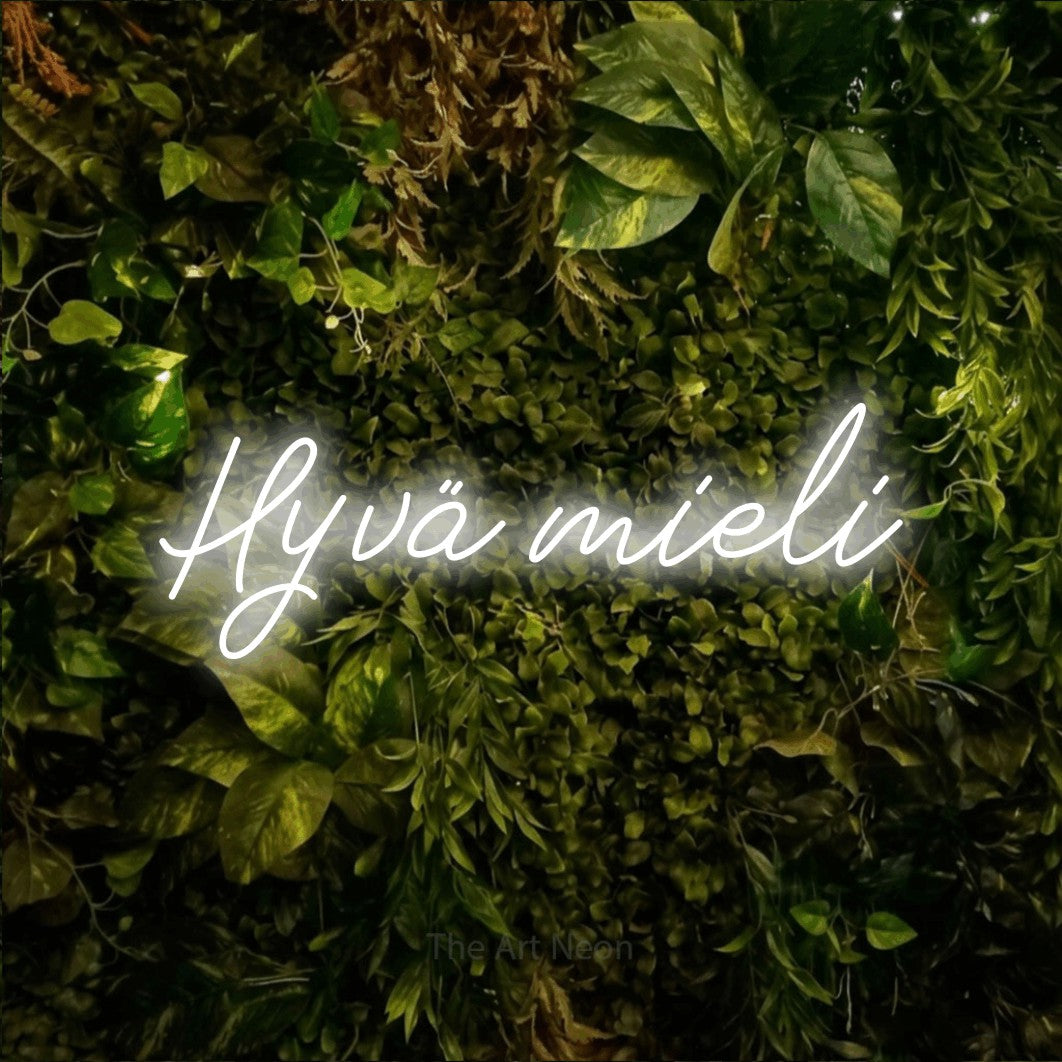 LED neon sign reading “Hyvä mieli”, arranged in a single line.