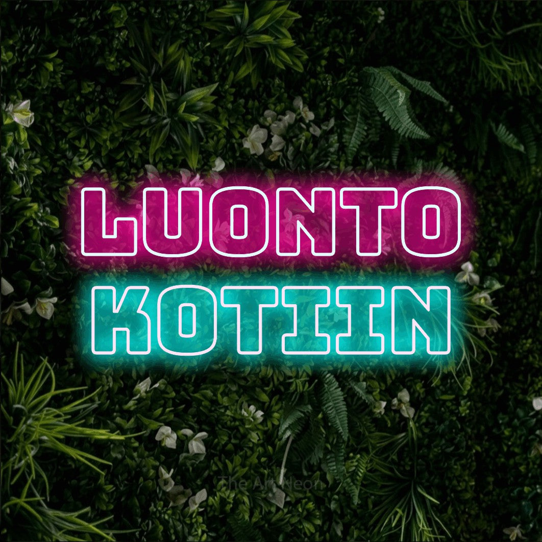 LED neon sign reading “Luonto kotiin”, arranged in 2 lines.